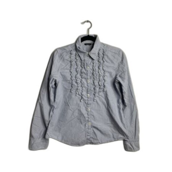 American Eagle Button-Front Favorite Fit Blue/White Stripe Ruffle Front Shirt M - Picture 1 of 12